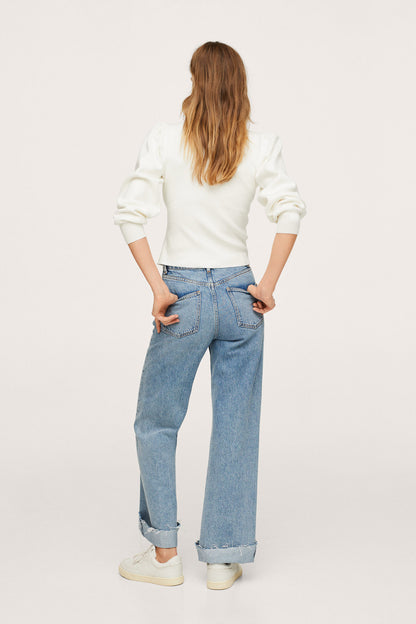 Ecru long-sleeve mock-neck top with gathered shoulders and balloon sleeves