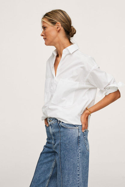 Medium-blue straight-leg denim jeans with belt loops and contrast side seams