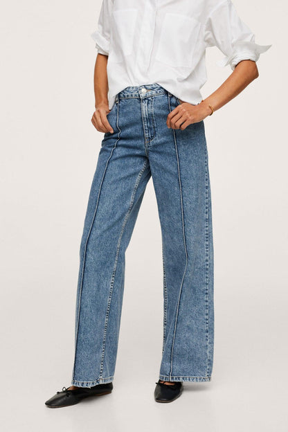 MANGO medium-blue denim jeans with straight legs and contrast seam detail