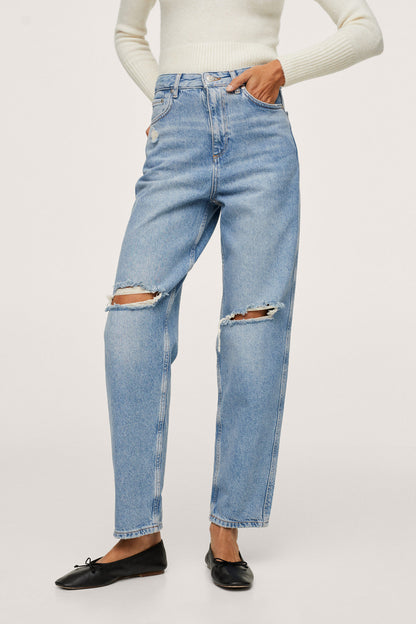 Mango medium-blue wide-leg jeans with knee rips and raw-edge hems