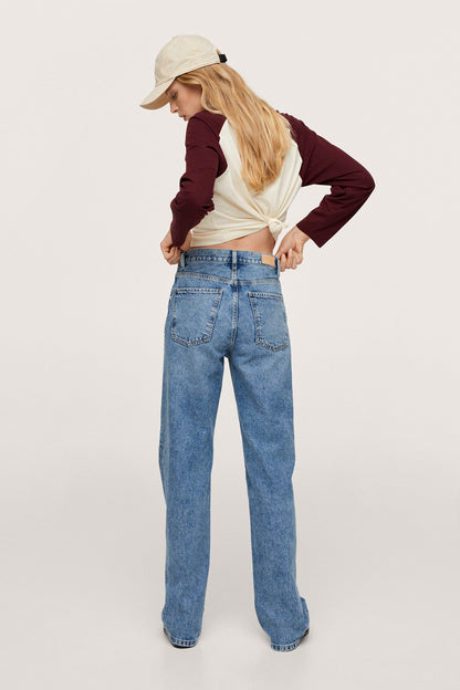 Medium-blue denim jeans, high-rise waist with belt loops and back patch pockets