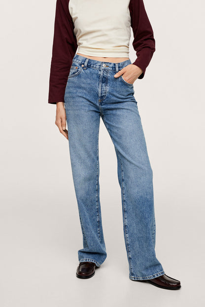 MANGO medium-blue high-rise denim jeans with straight legs, button fly and belt loops