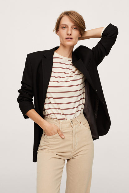 Beige straight-leg trousers with belt loops and front pockets