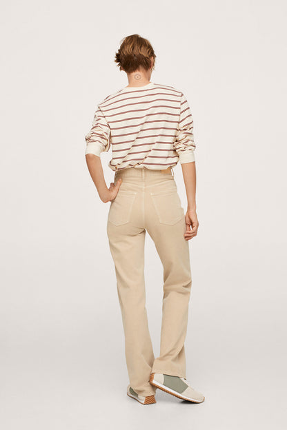 Beige straight-leg trousers, back view with belt loops and pockets