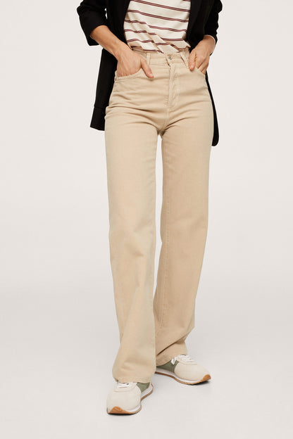 Beige straight-leg cotton trousers with front button and zip