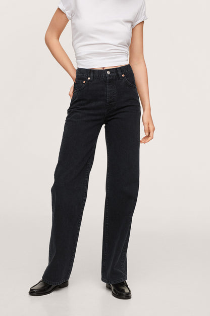 MANGO black denim jeans with wide straight leg, dark wash, button closure