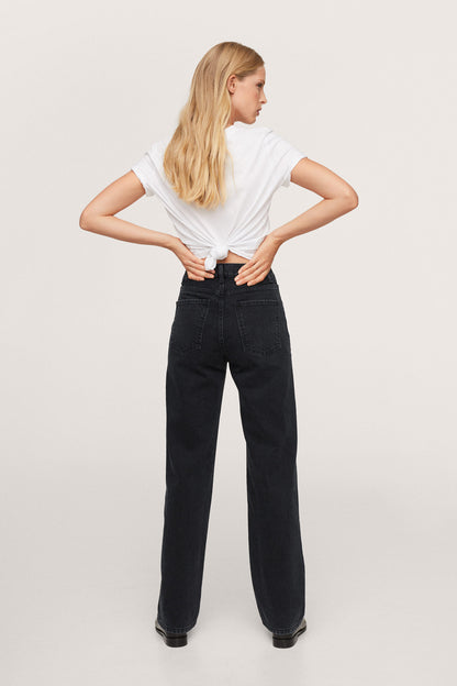 MANGO black denim jeans, rear view, dark wash with five pockets and straight leg