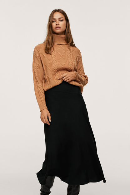 Women’s camel knit turtleneck sweater with diamond cable stitch and long sleeves