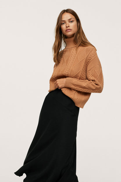 Women’s camel knit turtleneck sweater with cable pattern and long sleeves
