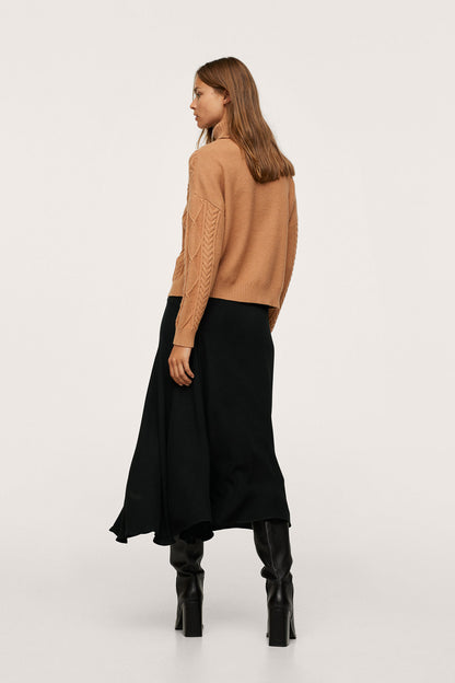Women’s knit turtleneck sweater, back view, long sleeves in camel