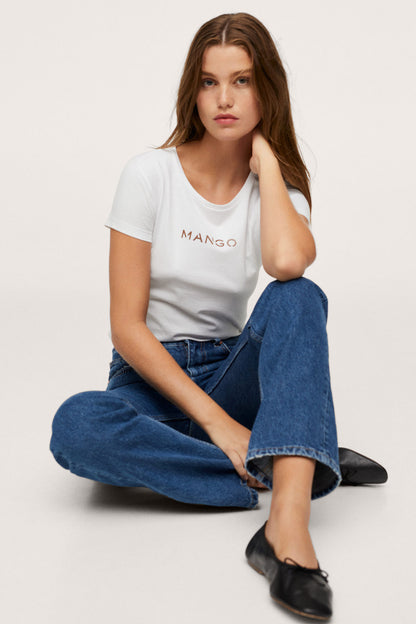 White crew-neck T-shirt with MANGO logo graphic