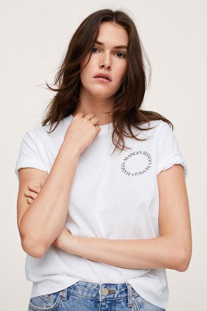 Mango white crew-neck T-shirt with small circular chest graphic
