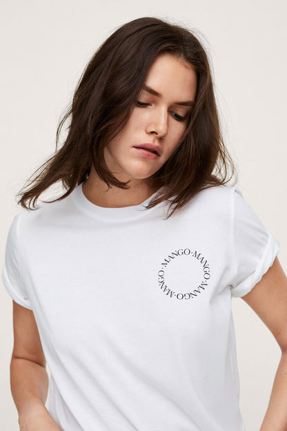 Mango white crew-neck T-shirt with small embroidered-style chest logo