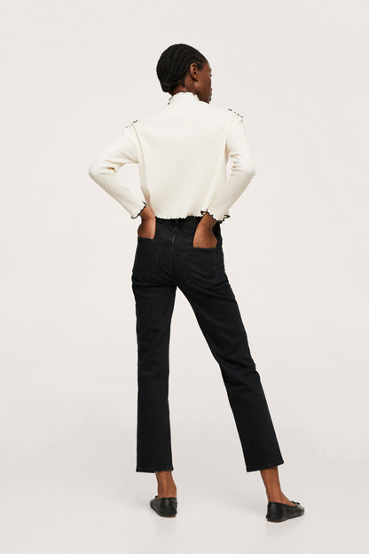 Ecru long-sleeve knit top, back view, stand collar with center seam detail