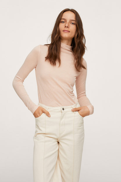 MANGO women's pink long-sleeve crew top with high-waist white wide-leg pants