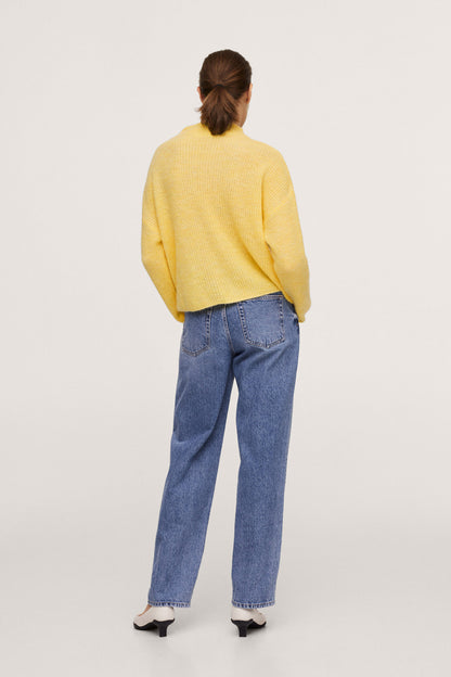 Pastel yellow knit sweater, crew neck, back view