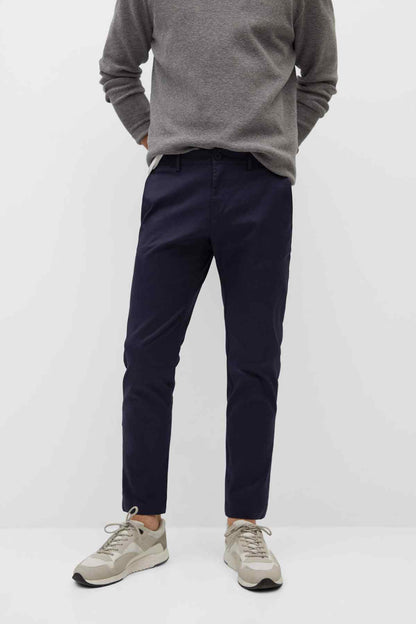 Dark navy men’s trousers with zip fly and belt loops