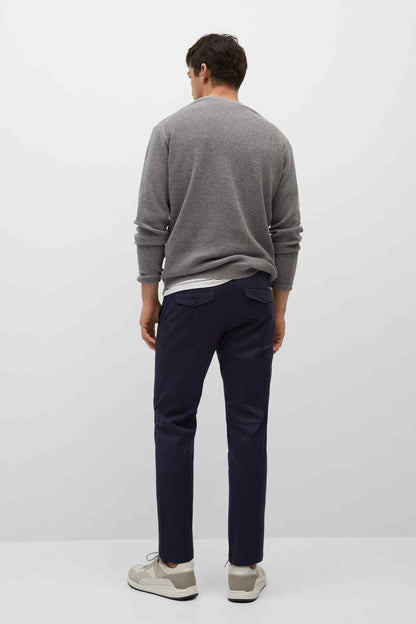 Dark navy men’s trousers, back view, tapered leg