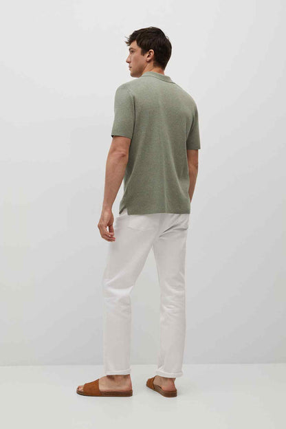 Khaki green polo shirt back view with short sleeves and buttoned collar, men’s casual