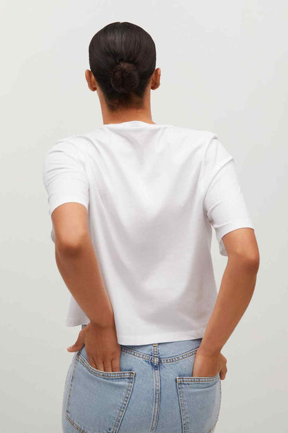 White MANGO logo T-shirt back view, crew neck and short sleeves