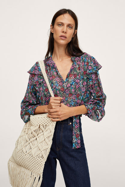 Floral V-neck long-sleeve blouse with ruffled cuffs