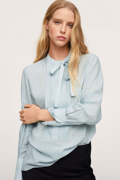 Light blue striped blouse with bow tie at neckline, relaxed fit