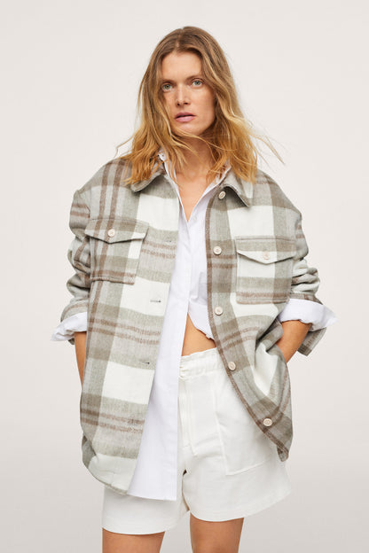 Khaki plaid overshirt jacket with chest pockets, button front and long sleeves