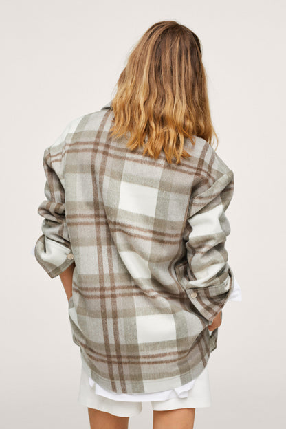 Khaki and white plaid overshirt jacket, back view with gathered sleeves