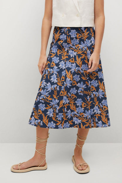MANGO floral midi skirt, dark navy with blue and orange leaf print