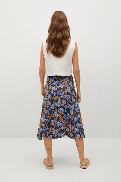 MANGO floral midi skirt back view, dark navy with blue and orange leaf print