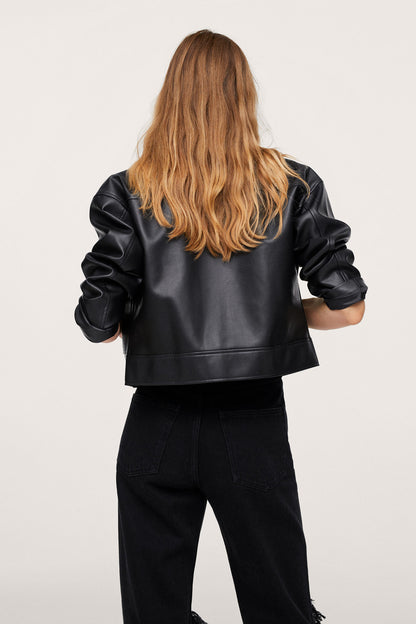 Black leather cropped jacket, back view with ruched cuffs
