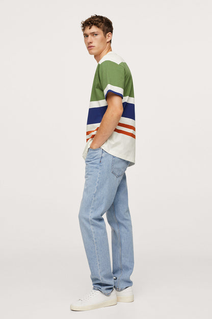 Mango green striped short-sleeve T-shirt with white and blue and orange bands