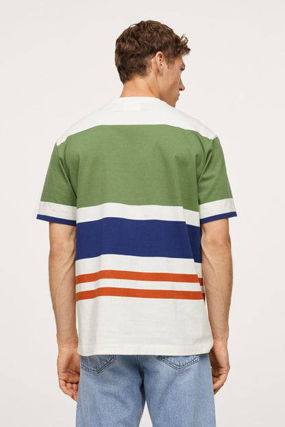 Mango green striped short-sleeve T-shirt, back view, white blue orange bands