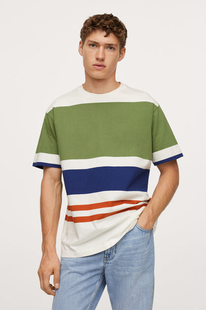 Mango green striped short-sleeve T-shirt with white, navy and orange horizontal bands