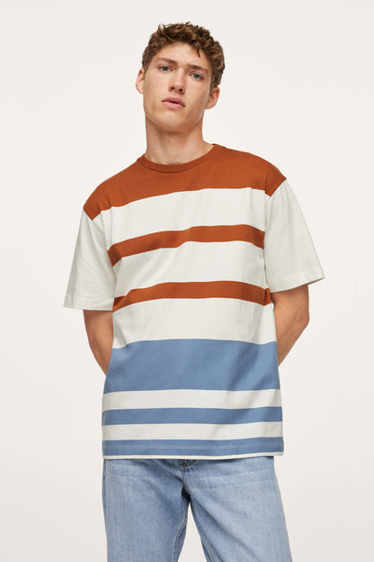 MANGO striped T-shirt with burnt orange, white, and light blue horizontal bands