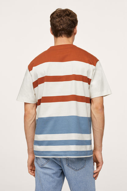 MANGO striped T-shirt, back view, burnt orange, white, and light blue horizontal bands