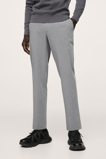 Light heather grey straight-leg trousers with creased front and stitched cuffs