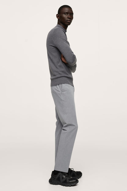 Light heather grey straight-leg trousers with front pleats and tapered ankle hem