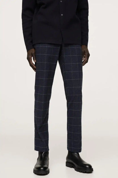 Men's dark navy windowpane check trousers, straight-leg with front crease