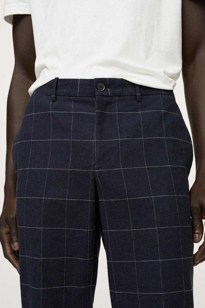 Men's dark navy windowpane check trousers with button waist and belt loops