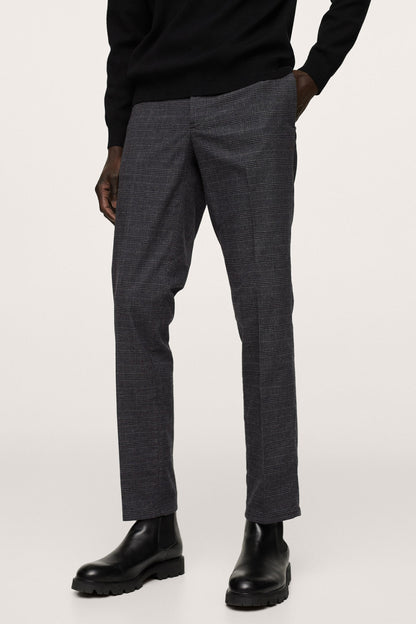 Dark heather grey straight-leg trousers, plaid check, belt loops and button closure.