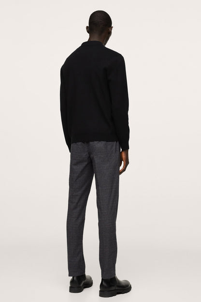 Dark heather grey straight-leg trousers with plaid check, back view.