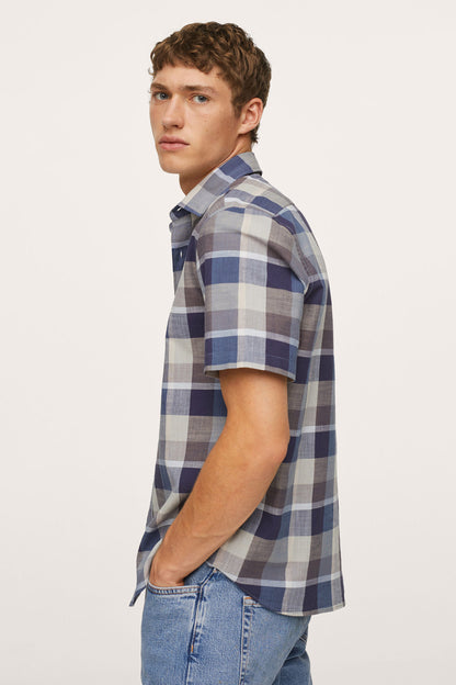 Men's short-sleeve plaid button-up shirt, navy blue and light gray, side profile