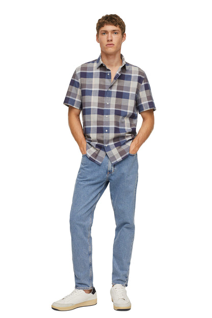 Men's short-sleeve plaid button-up shirt, navy blue and light gray, with front buttons