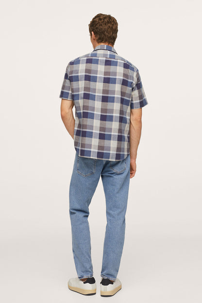 Men's short-sleeve plaid button-up shirt, navy blue and light gray, back view