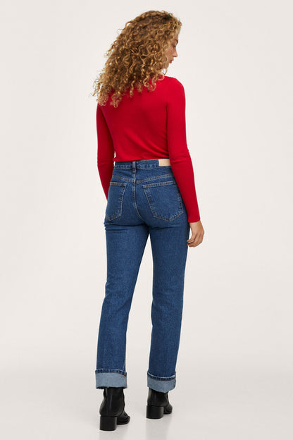 Red long-sleeve crew-neck top, side view, with blue straight-leg jeans