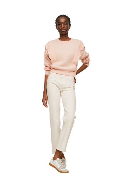 Pastel pink knit crewneck sweater with ribbed cuffs and hem