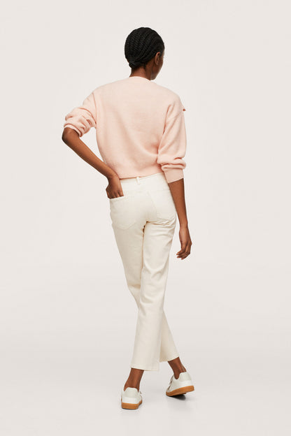 Pastel pink back view knit crewneck sweater with ribbed cuffs