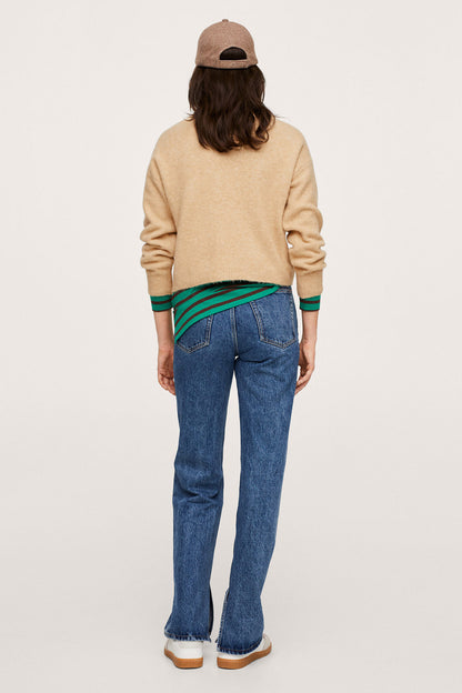 Beige sweater with green striped cuffs, back view, relaxed fit