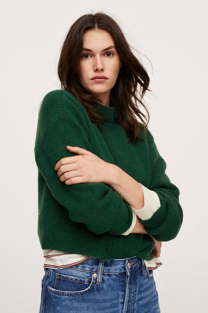 Dark green knit sweater with ribbed cuffs and crew neck